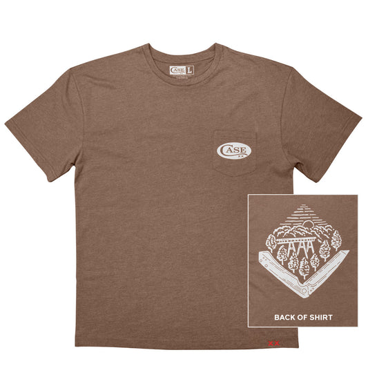 Front view of Heather Brown T-Shirt with a small swatch view of the Back of the Shirt Design.