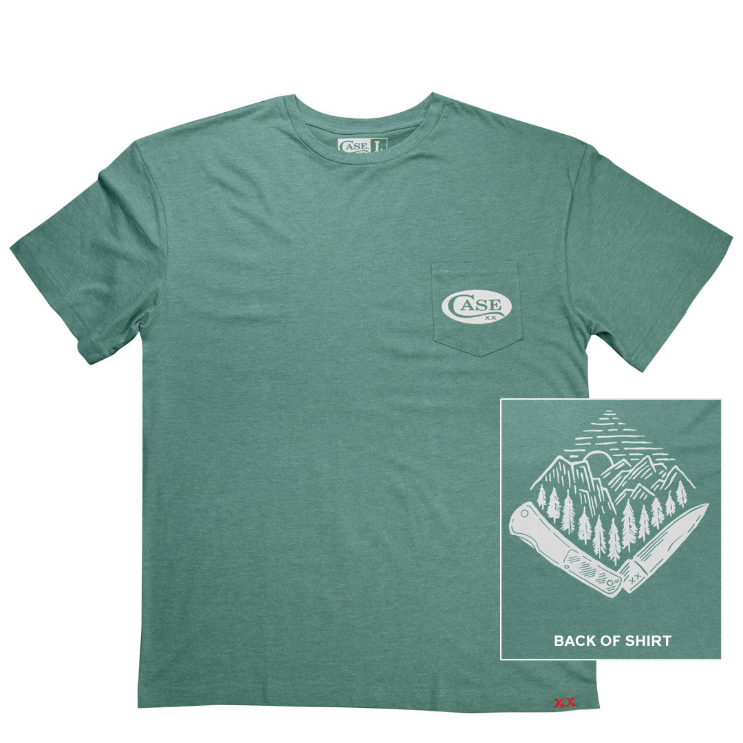 Front View of Heather Forest T-Shirt with a small swatch of the back of the shirt design.