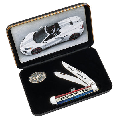 Corvette 70th Anniversary Trapper Gift Set Embellished Smooth Natural Bone with Red, Black and Blue Color Wash and Black Definition front view