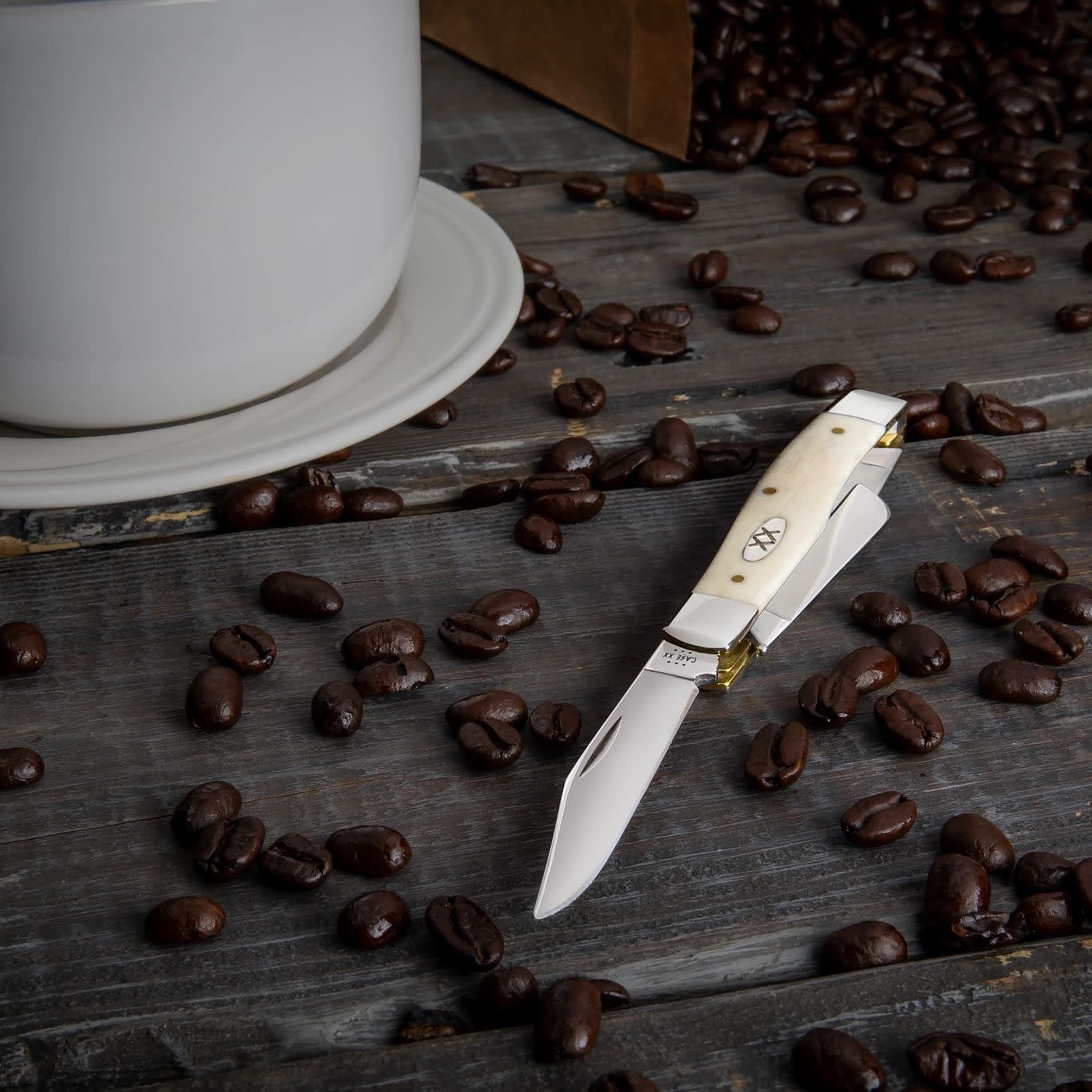 Smooth Natural Bone Medium Stockman on a Stone Table with Coffee Beans