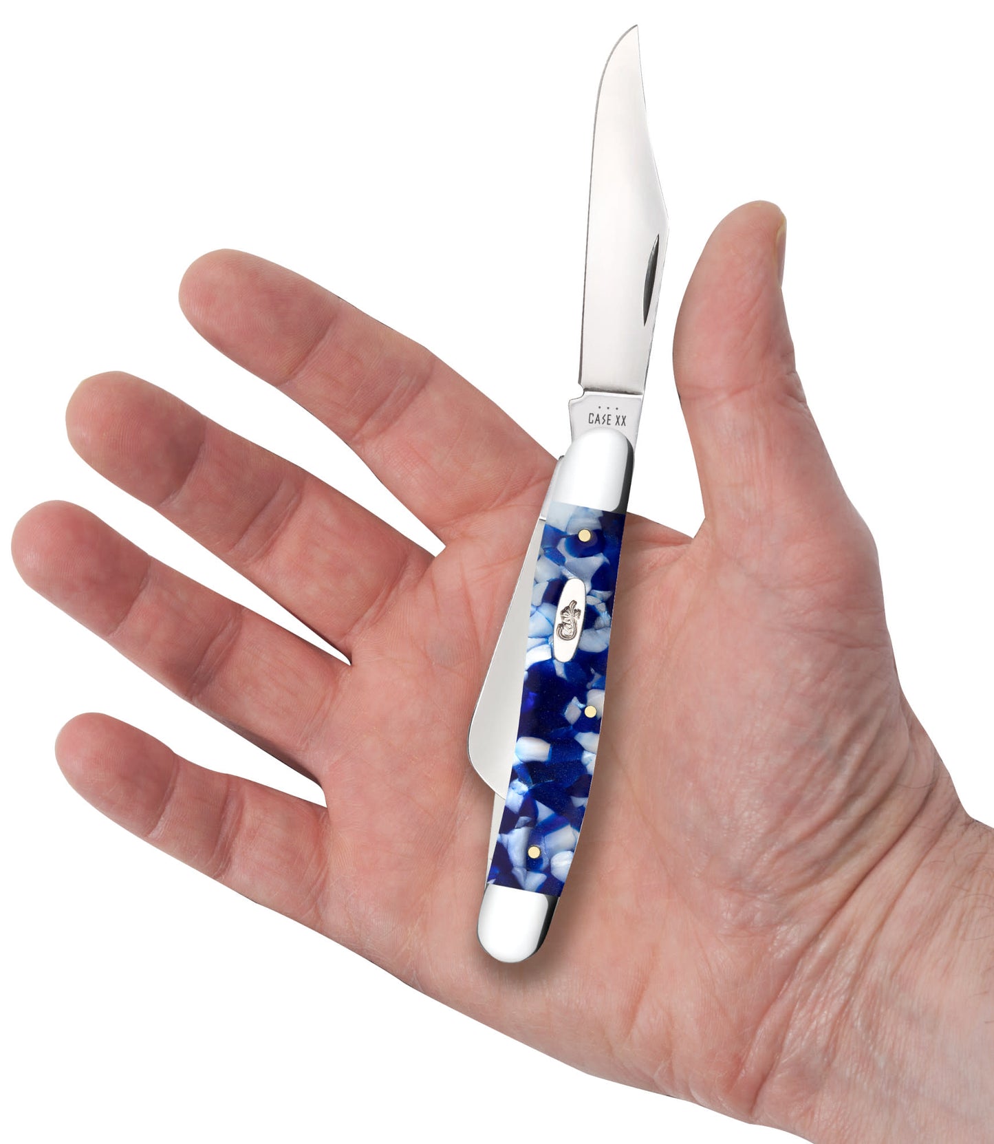 Smooth Blue Crackle Kirinite® Stockman in hand.