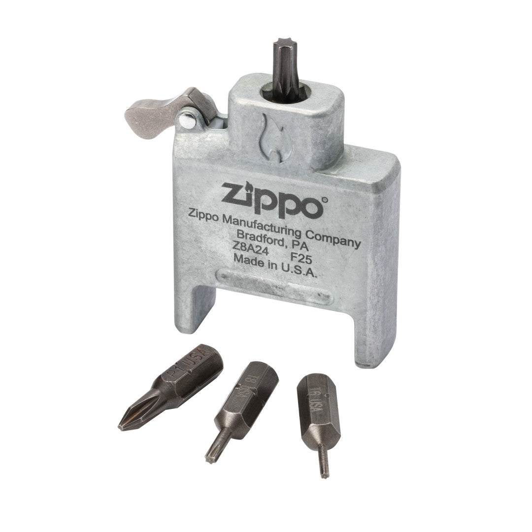 Case® | Zippo® Bit Safe Screwdriver - Black Matte Lighter Case standing at a 3/4 angle with the T20 Torx head and other screw bits displayed.