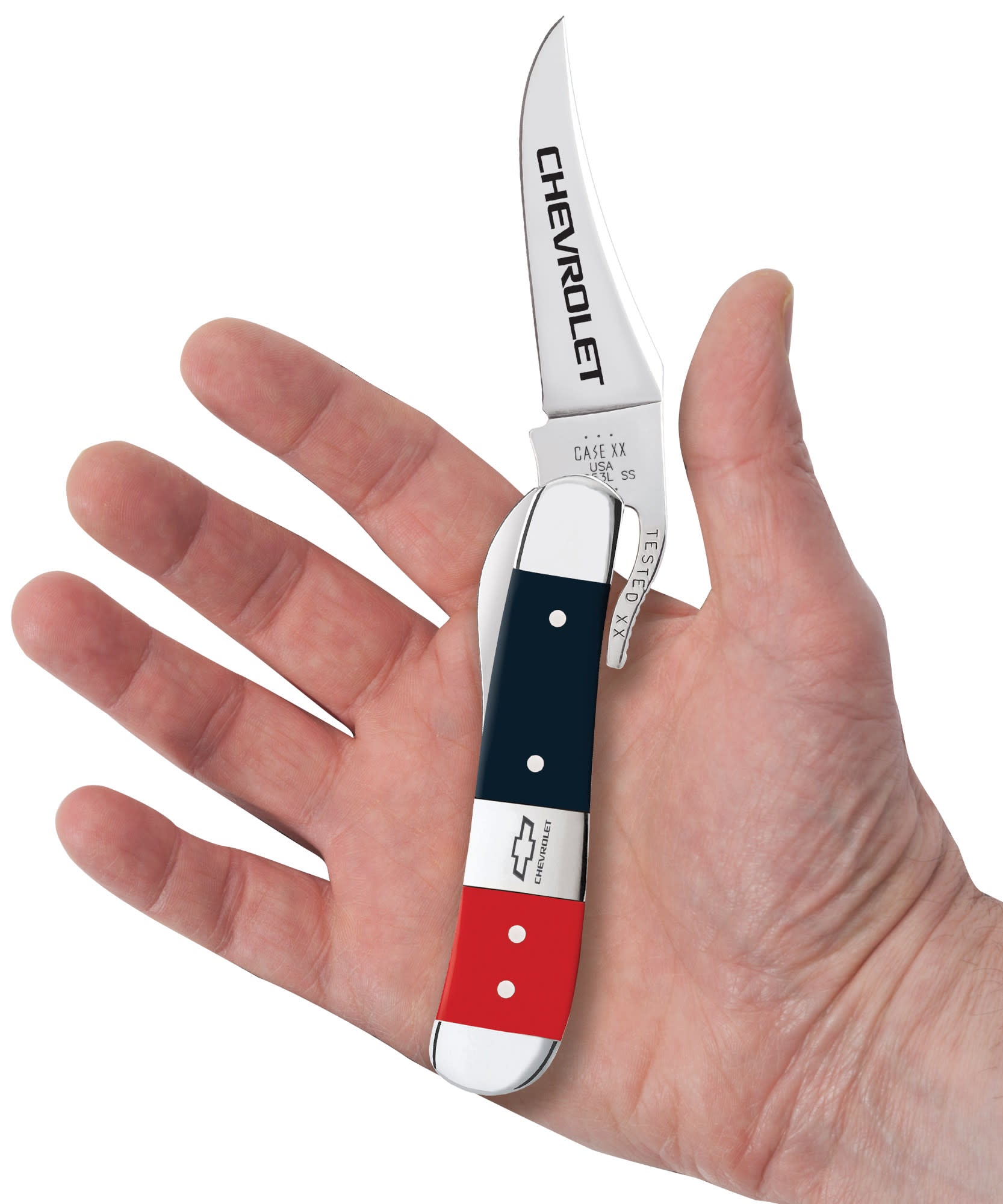 Chevrolet® Smooth Red/Blue Synthetic RussLock® Gift Set in hand.