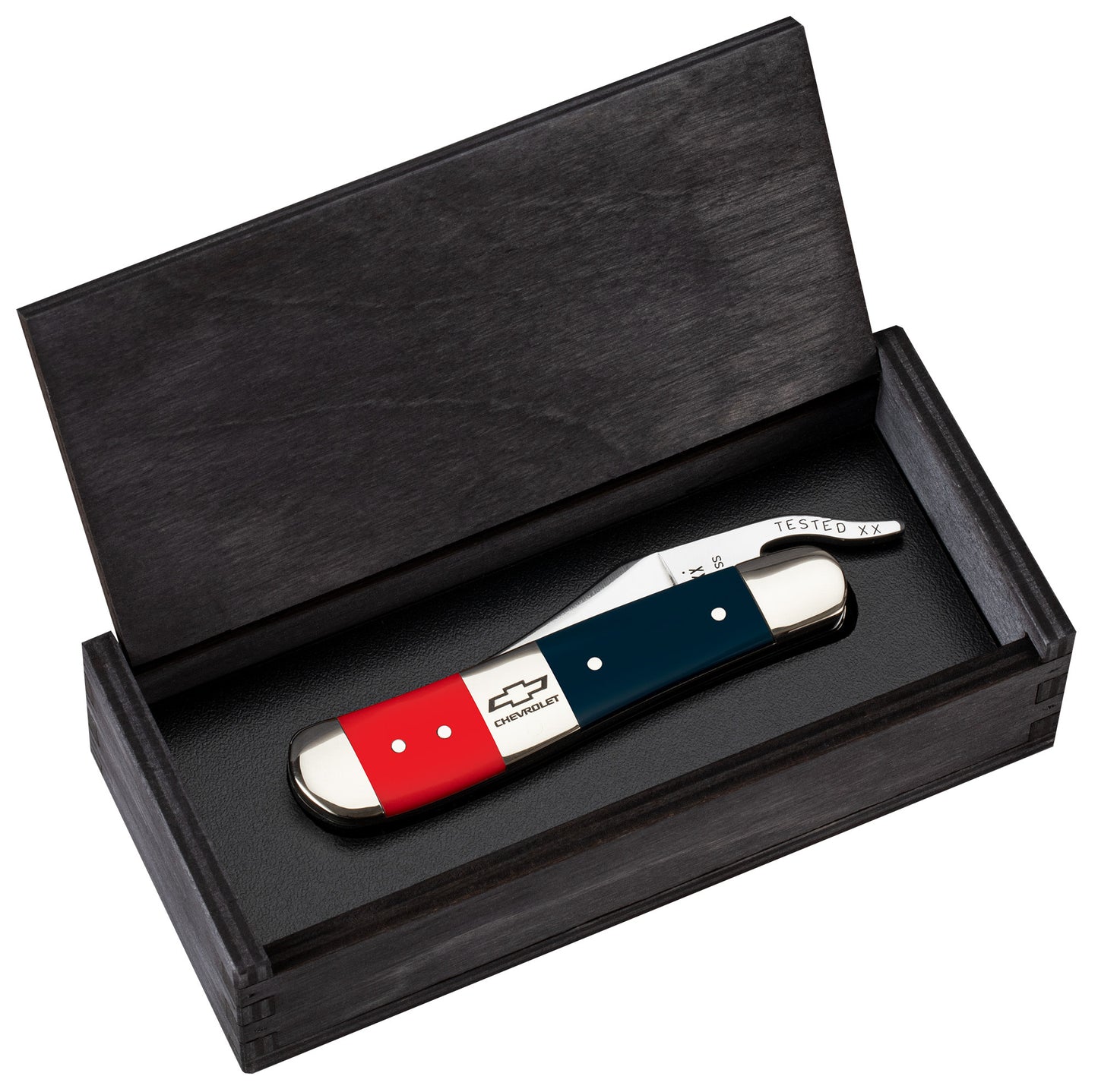 Chevrolet® Smooth Red/Blue Synthetic RussLock® Gift Set packaging open showing the knife.