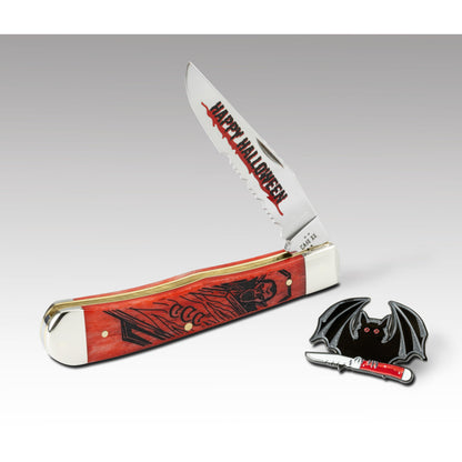 Lifestyle image of CCC® 2026 Halloween Dark Red Bone Trapper and Bat Hat Pin
