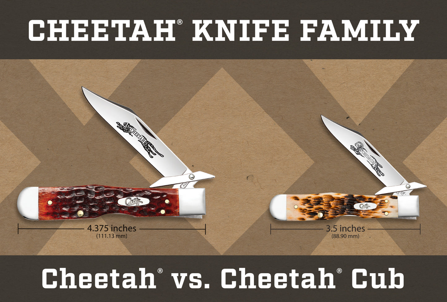 Size comparison between Cheetah and Cheetah Cub shown with blade partially open.