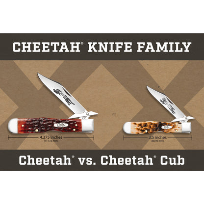 Size comparison between Cheetah and Cheetah Cub shown with blade partially open.