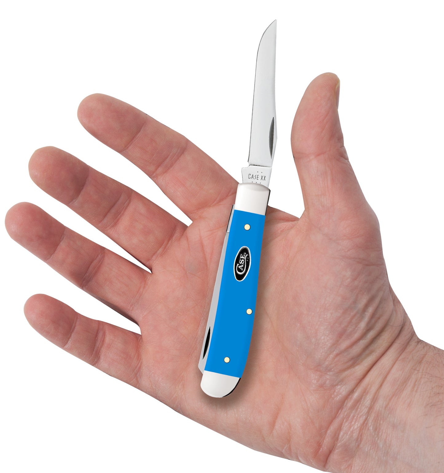 Smooth Light Blue Synthetic Mini Trapper in hand.