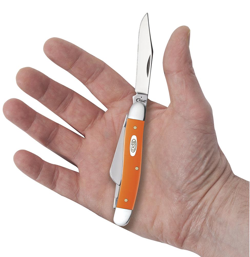 Smooth Orange Synthetic Medium Stockman Knife in hand