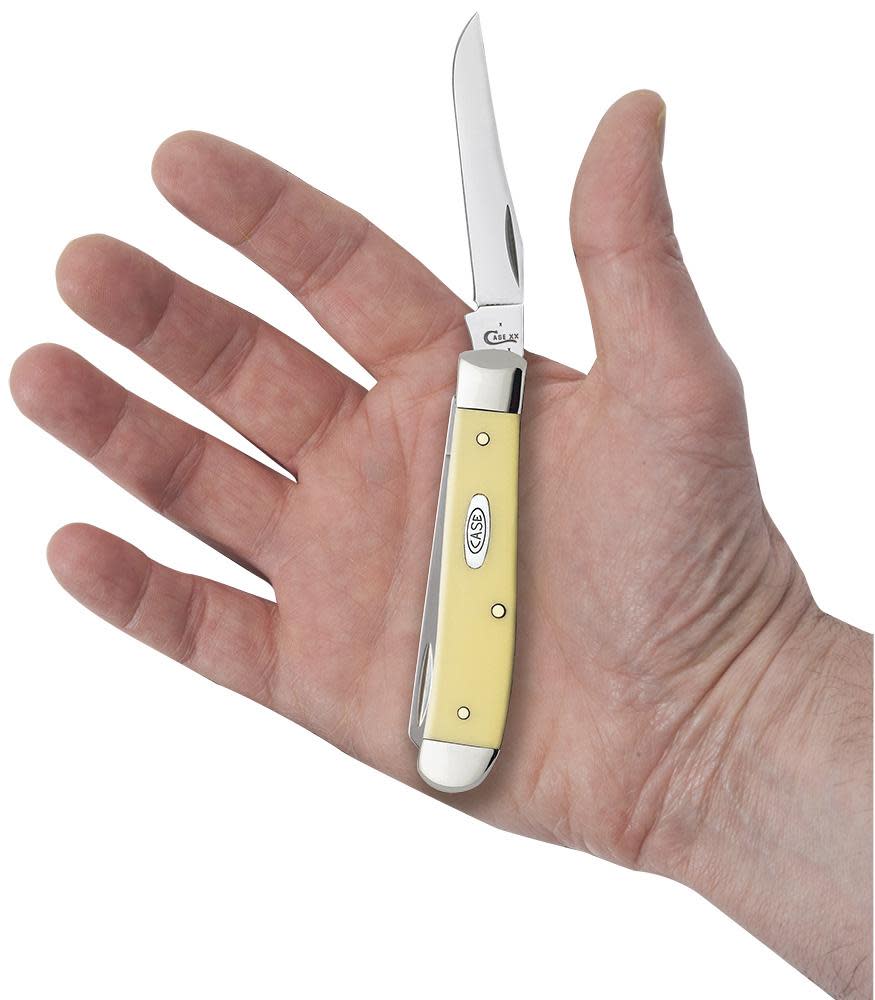 Yellow Synthetic CS Mini Trapper Knife in Hand