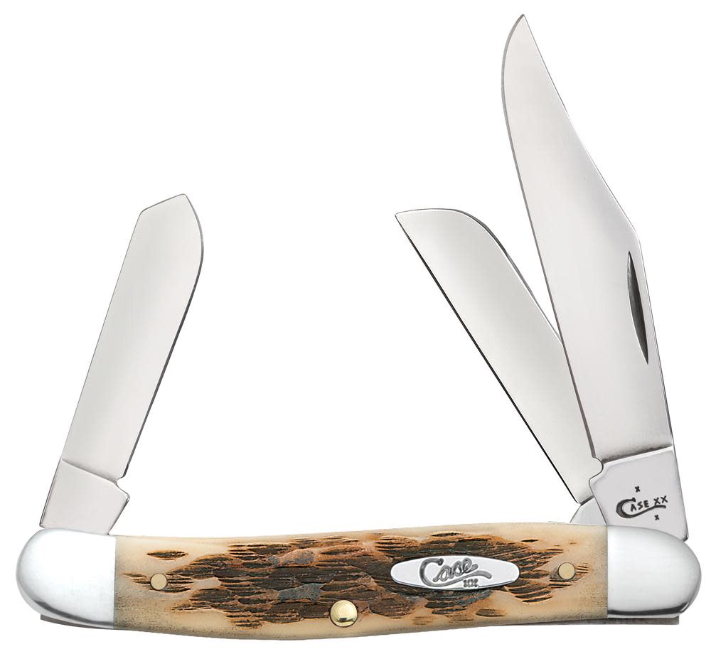 Peach Seed Jig Amber Bone Stockman Knife Front View