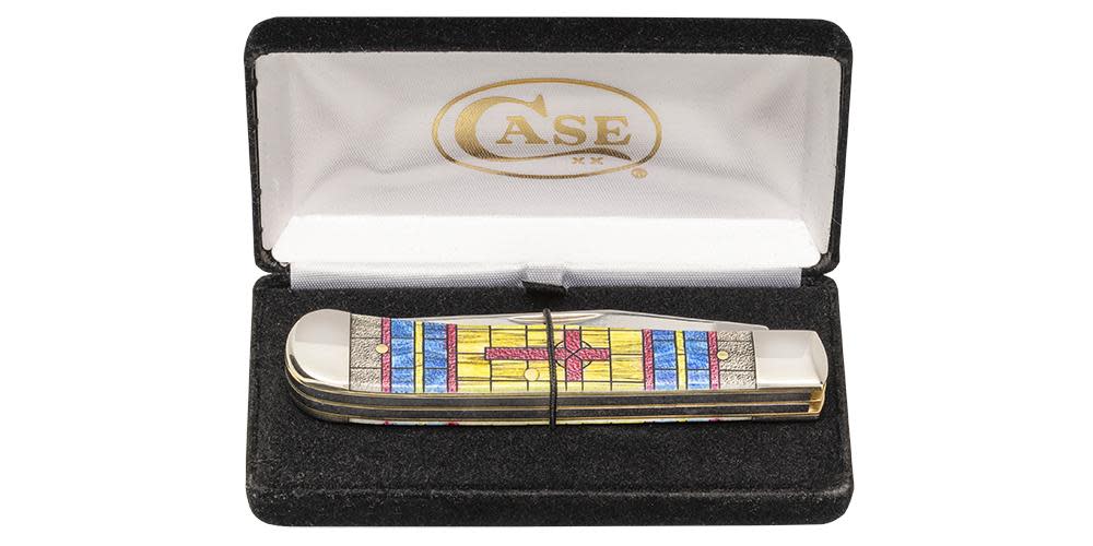 Smooth Natural Bone Stained Glass Trapper Cross in Jewel Box Knife in Box Open 