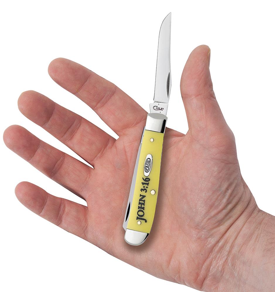 Religious Sayings Embellished Yellow Synthetic Mini Trapper Knife in Hand