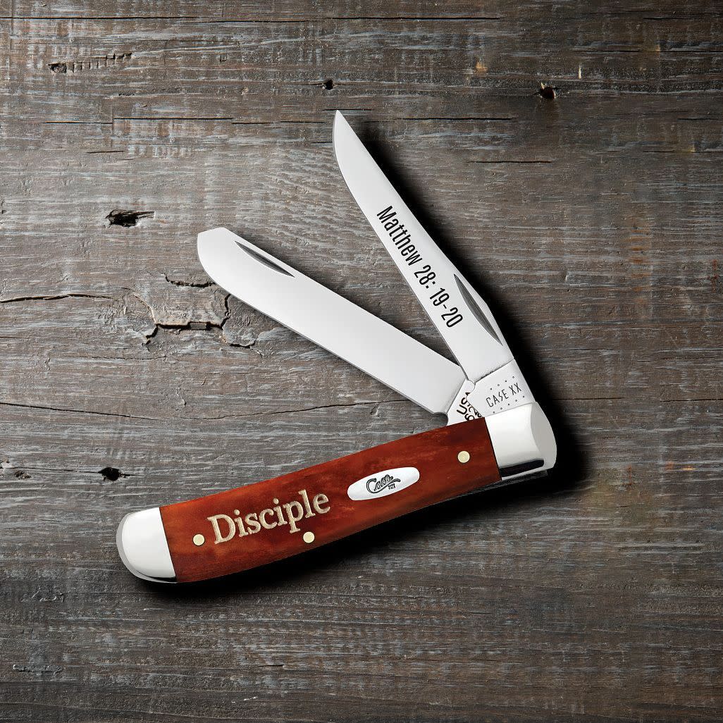 Religious Sayings Matthew 28: 19-20 Embellished Smooth Chestnut Bone Mini Trapper Knife on Wooden Background