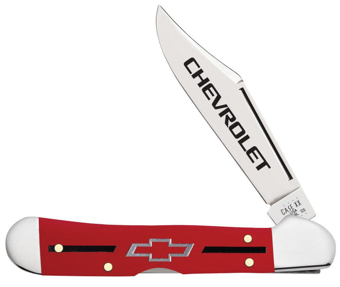 Chevrolet® Embellished Red Synthetic Smooth Mini CopperLock® Knife Front View