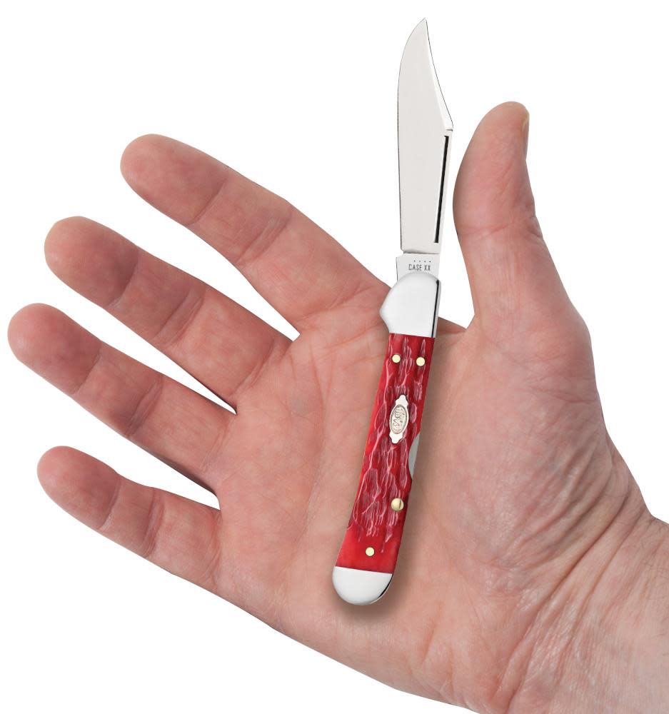 Peach Seed Jig Dark Red Bone CS Mini CopperLock® Knife in Hand
