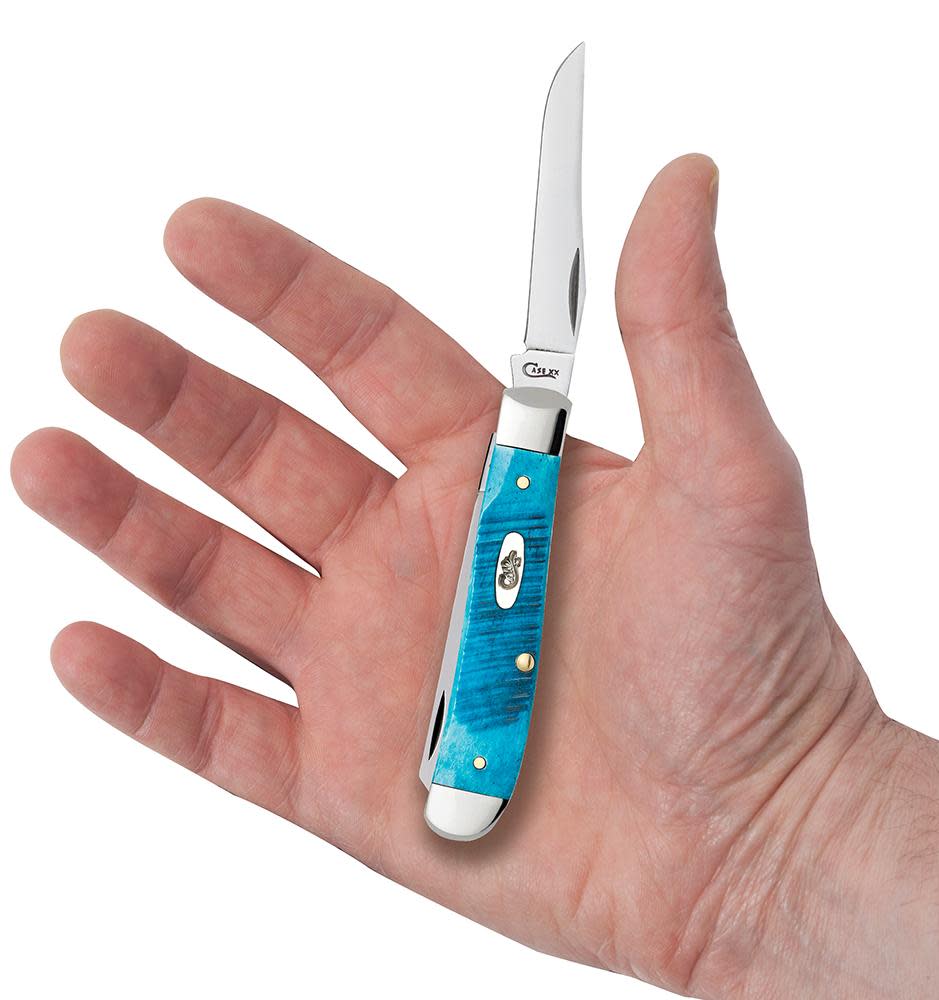 Caribbean Blue Bone Mini Trapper Knife in Hand