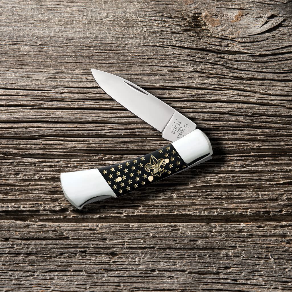 BSA® Embellished Smooth Black Synthetic Lockback Knife on Wooden Background