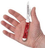 Chevrolet® Embellished Red Synthetic Smooth Mini CopperLock® Knife in Hand
