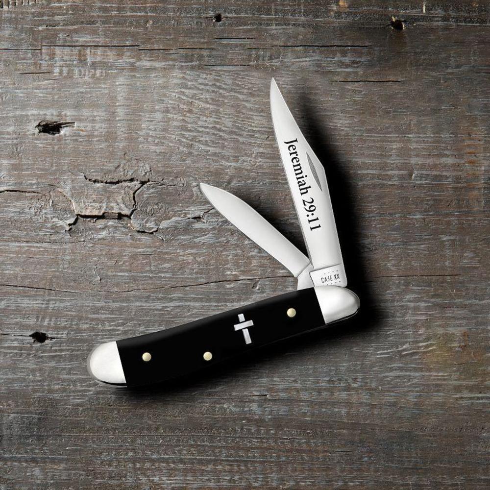 Religious Sayings Jeremiah 29:11 Embellished Smooth Black Synthetic Peanut Knife on Wooden Background