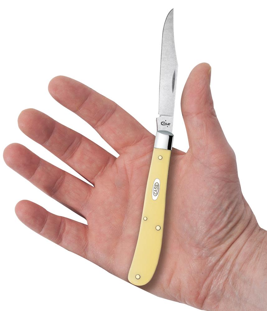 Yellow Synthetic Slimline Trapper Knife in Hand