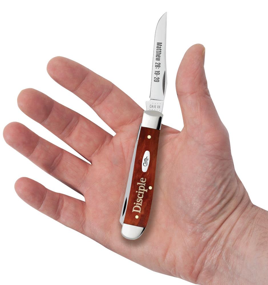 Religious Sayings Matthew 28: 19-20 Embellished Smooth Chestnut Bone Mini Trapper Knife in Hand