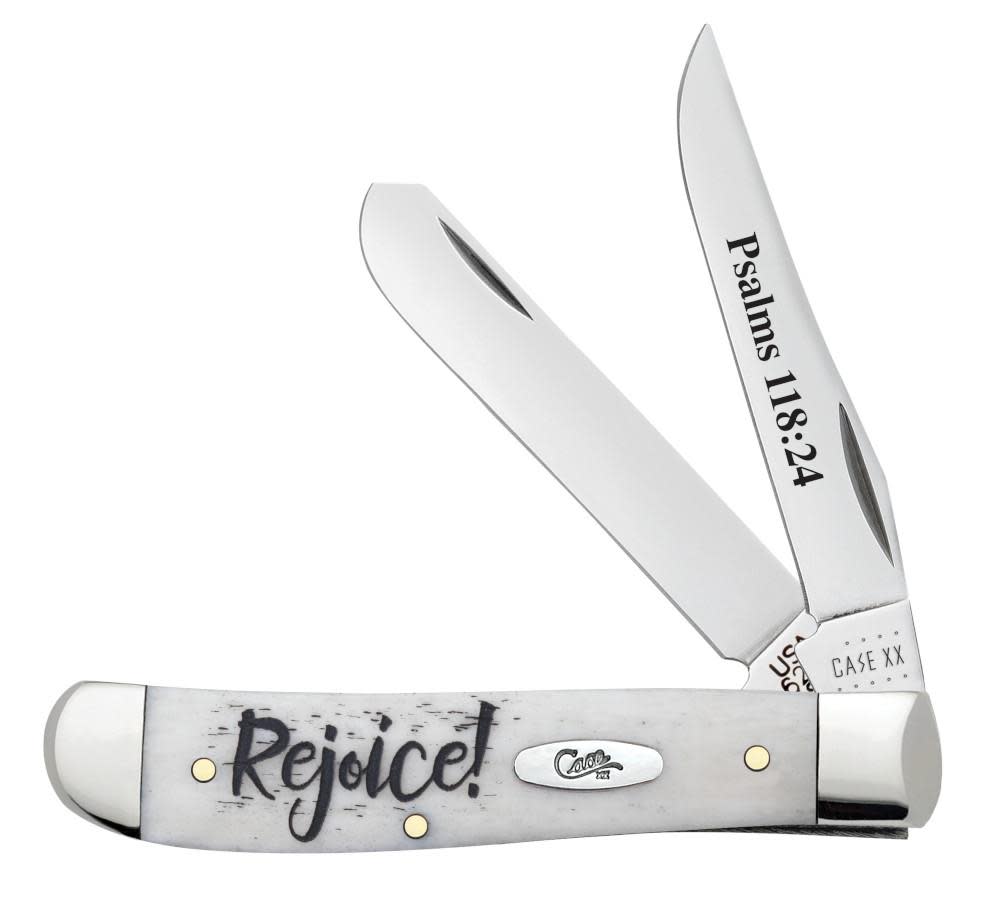 Religious Sayings Rejoice Embellished Smooth Natural Bone Mini Trapper Knife