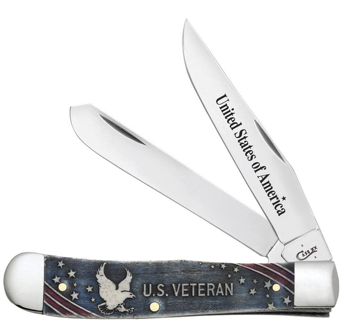 U.S. Veteran Gift Set Embellished Smooth Natural Bone with Blue and Red Color Wash Trapper Knife Front View