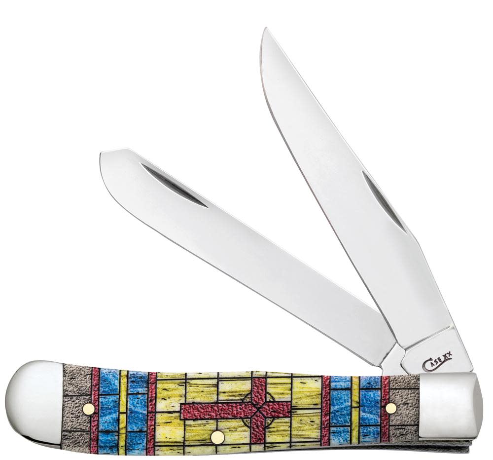 Smooth Natural Bone Stained Glass Trapper Cross in Jewel Box Knife Front View