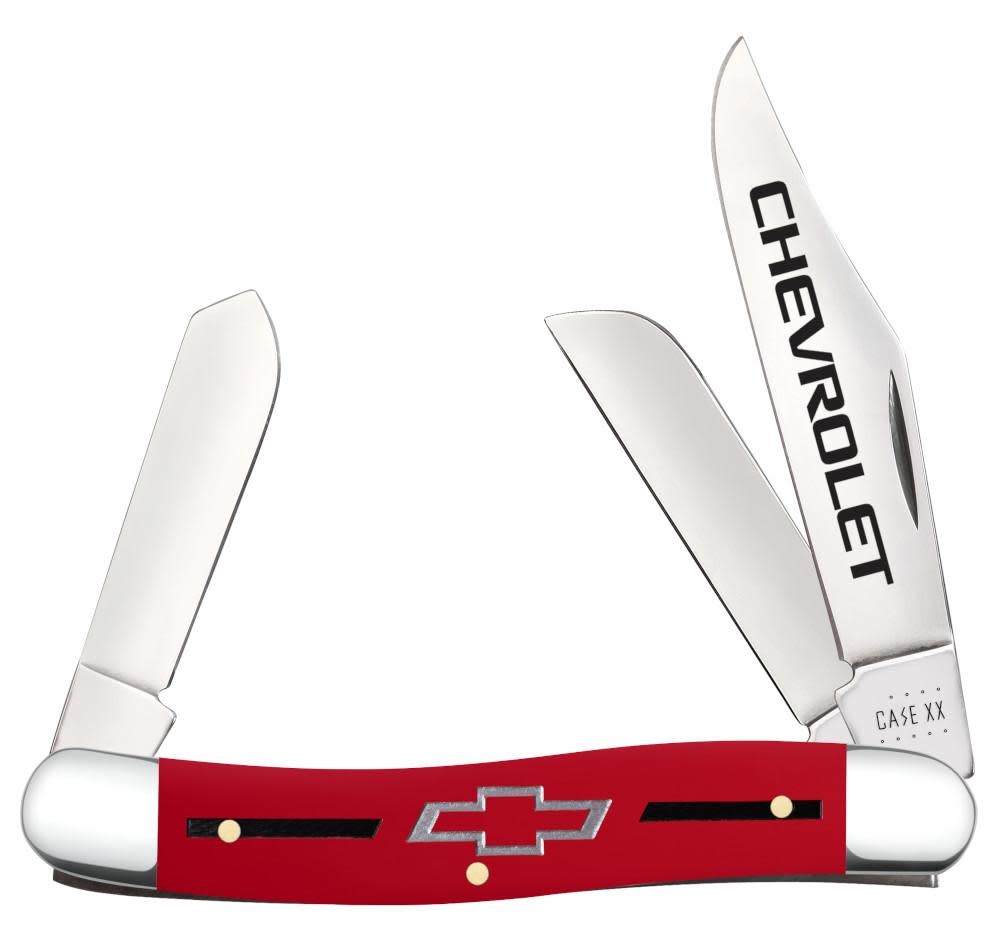 Chevrolet® Embellished Smooth Red Synthetic Stockman Knife Open with 3 blades
