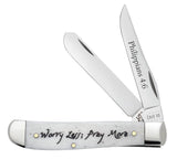 Religious Sayings Worry Less, Pray More Embellished Smooth Natural Bone Mini Trapper Knife