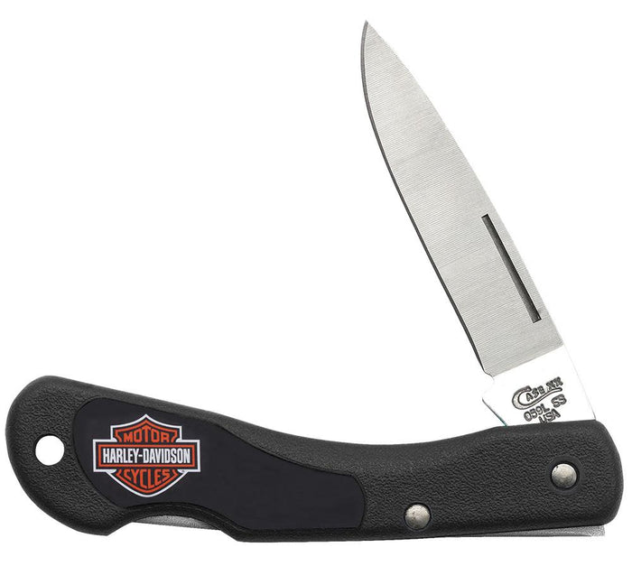 Harley-Davidson® Black Synthetic Mini Blackhorn® 3/4 open showing the front of the knife