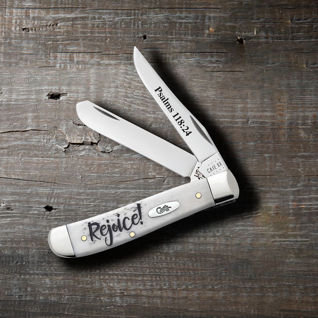Religious Sayings Rejoice Embellished Smooth Natural Bone Mini Trapper Knife on Wooden Background