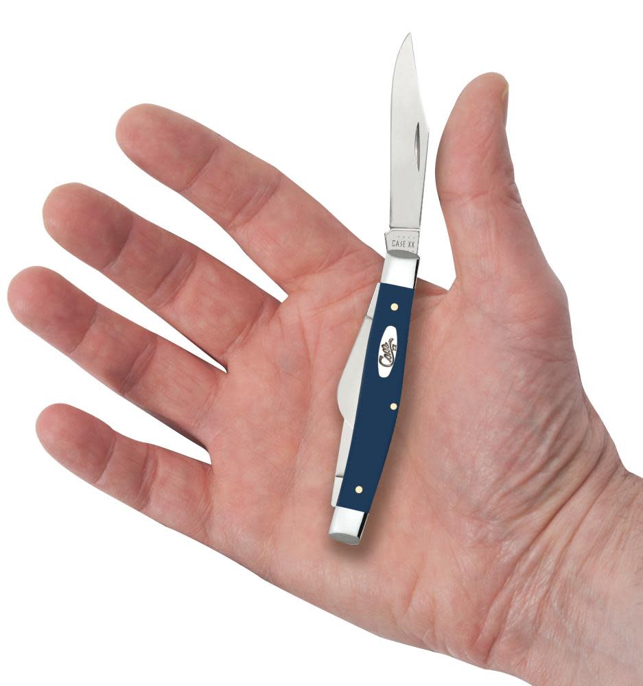 Smooth Navy Blue Synthetic Medium Stockman Knife with Pen Blade in Hand