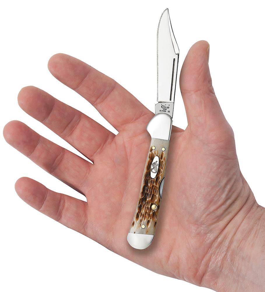 Peach Seed Jig Amber Bone Mini CopperLock® Knife in Hand