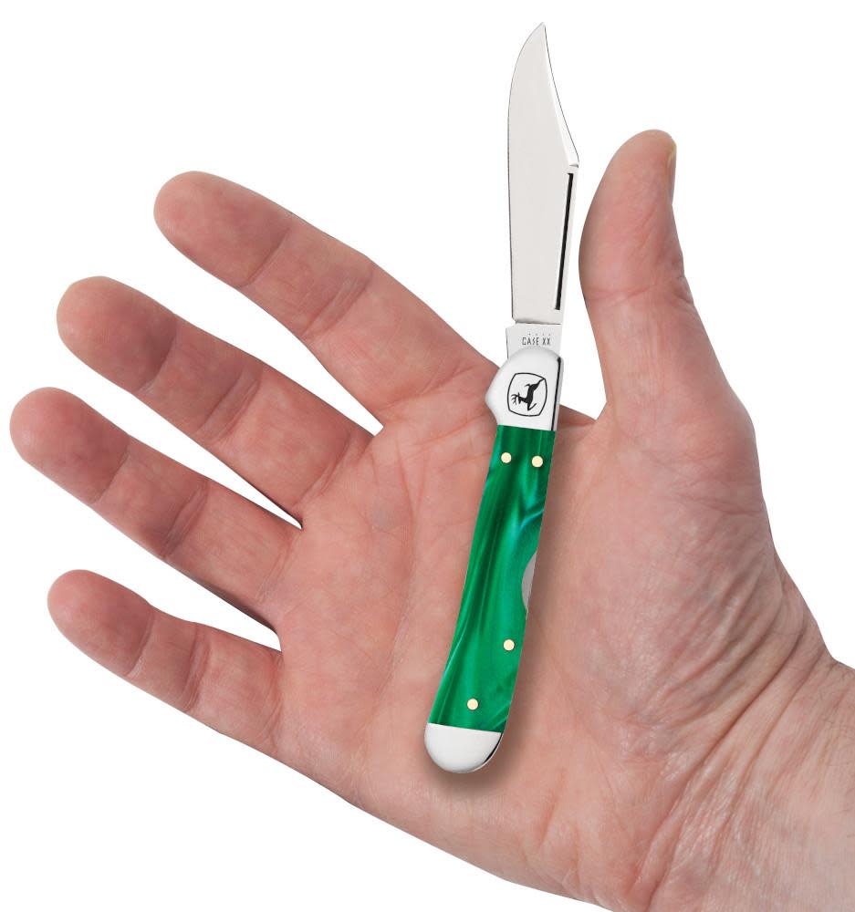 John Deere Smooth Green Pearl Kirinite® Mini Copperlock® Knife in Hand