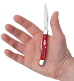 Peach Seed Jig Dark Red Bone CV Medium Jack Knife in Hand