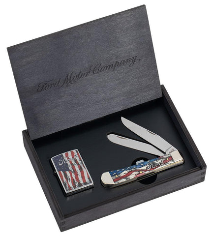 Ford Embellished Natural Bone Smooth Trapper Knife with Red and Blue Color Wash and Black Definition Gift Set in packaging