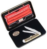 Chevrolet® Embellished Smooth Natural Bone Trapper with Amber Color Wash and Black Definition Gift Set open showing the clip and spey blades in packaging