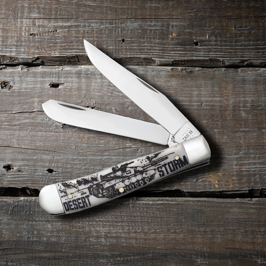 War Series Desert Storm Embellished Smooth Natural Bone Trapper Knife on Wooden Background