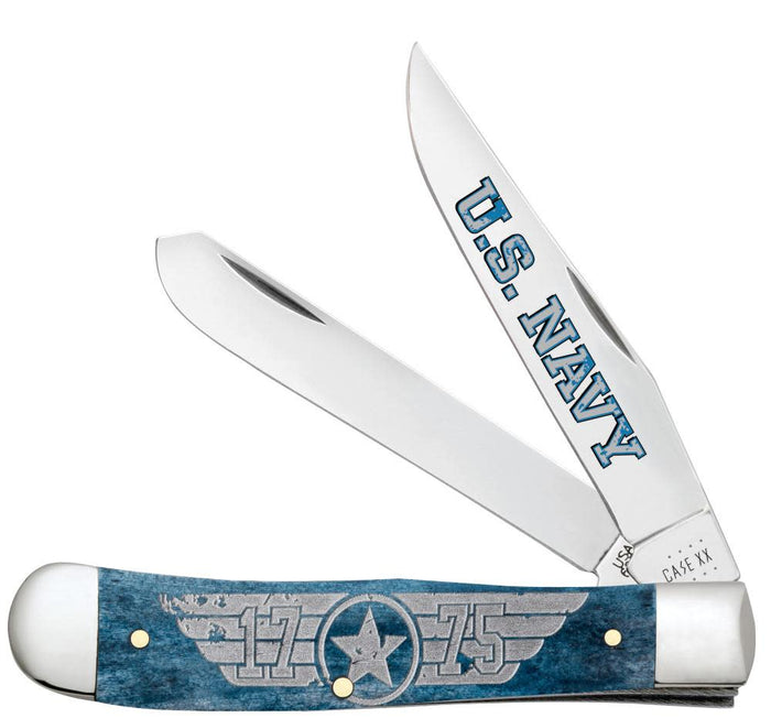 U.S. Navy® Embellished Smooth Mediterranean Blue Bone Trapper Knife Front View
