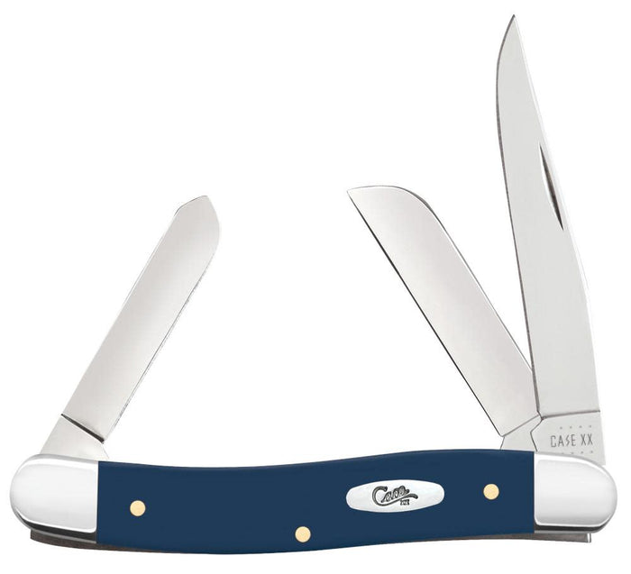 Smooth Navy Blue Synthetic Medium Stockman Knife with 3 blades open