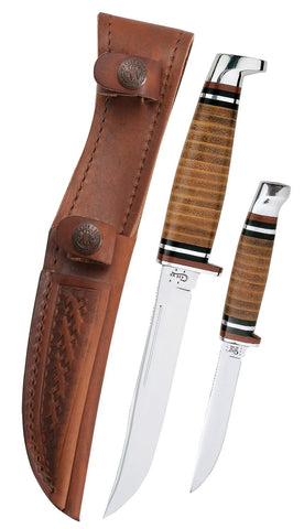 Leather Hunter Two Knife Hunting Set with Leather Sheath