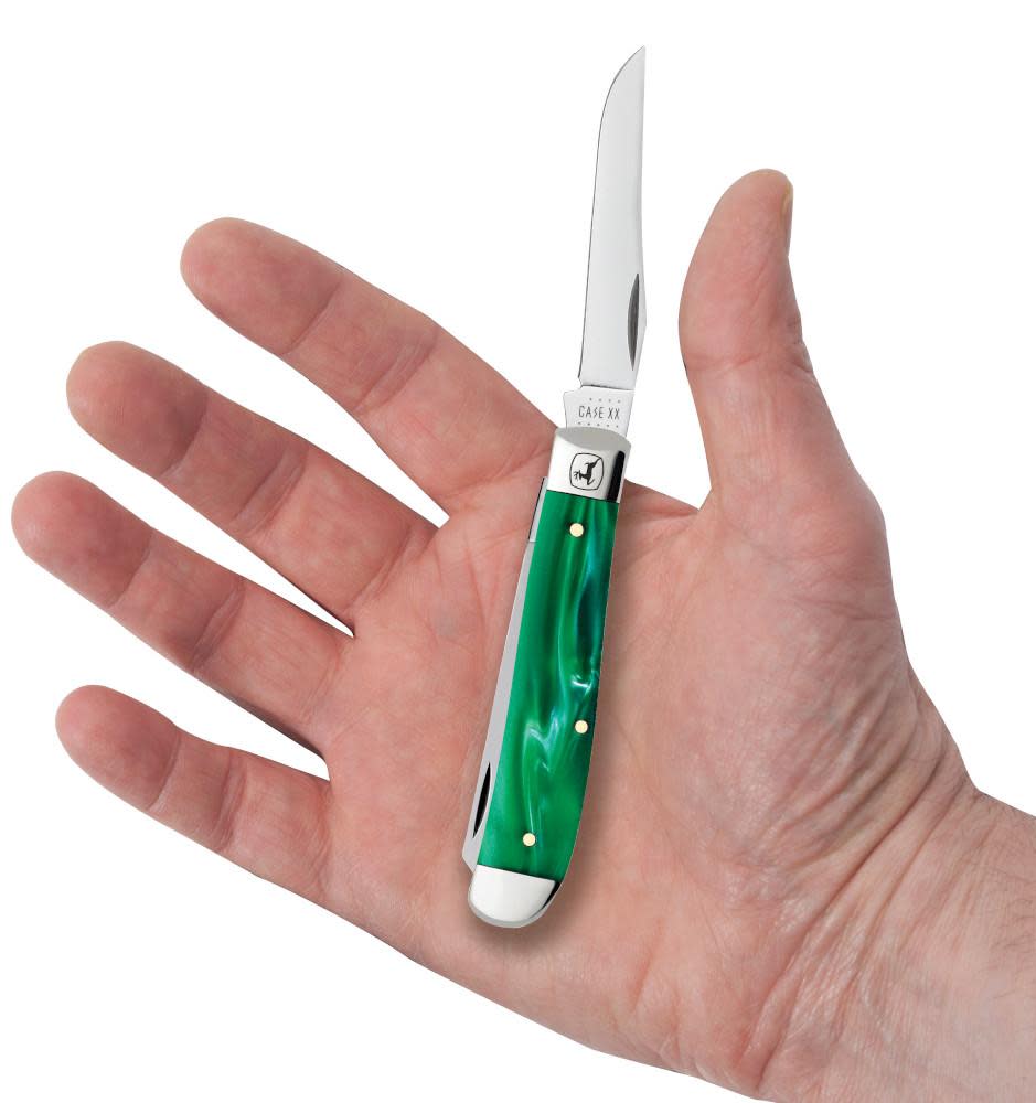 John Deere Smooth Green Pearl Kirinite® Mini Trapper Knife in Hand