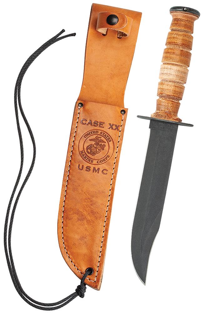 Grooved Leather USMC® Knife with Leather Sheath
