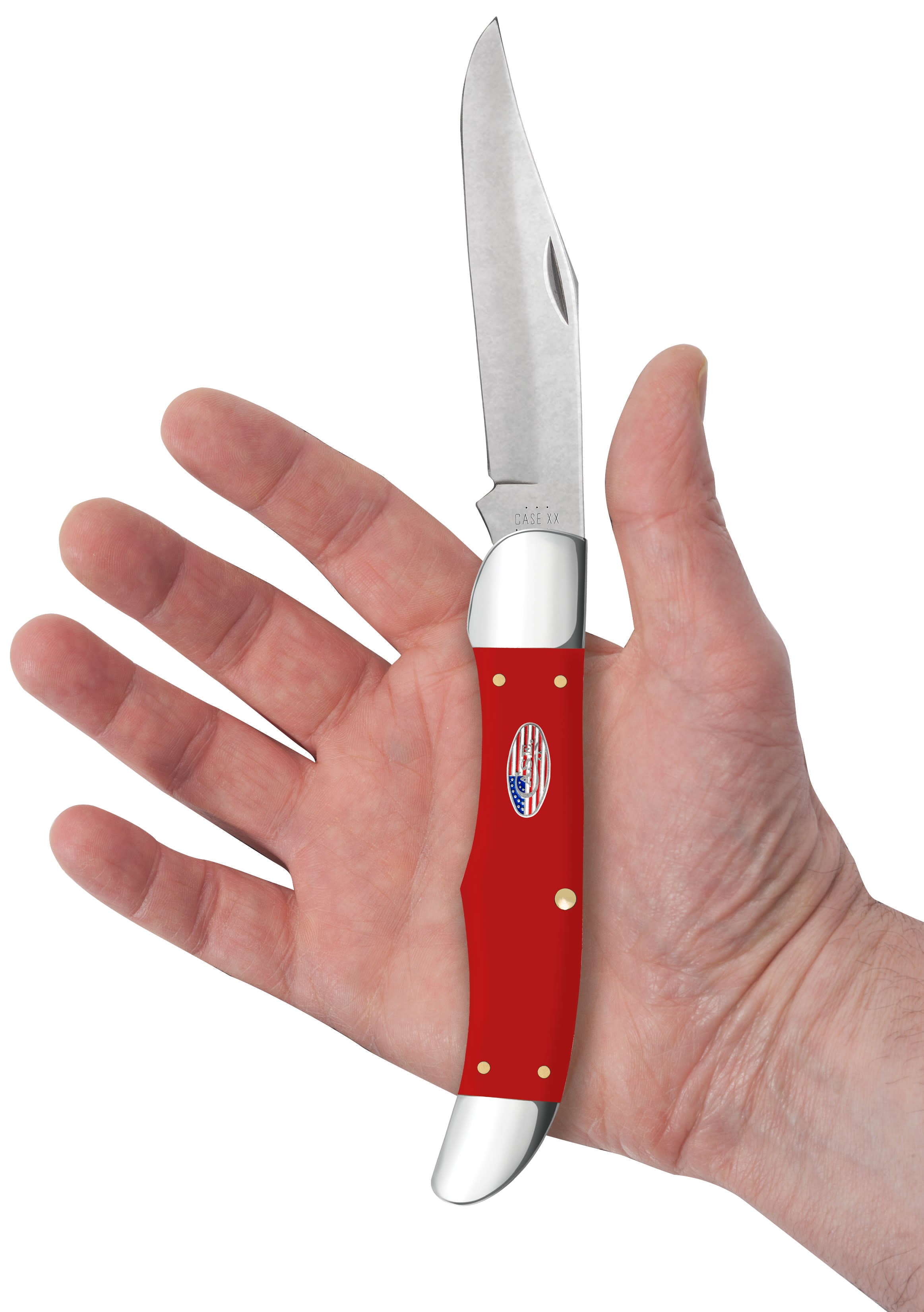 American Workman Smooth Red Synthetic CS Folding Hunter  Knife in Hand