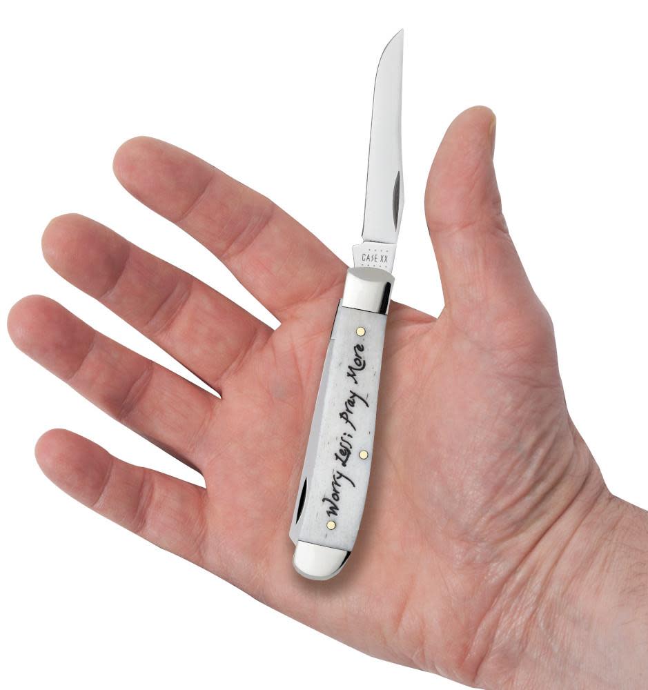 Religious Sayings Worry Less, Pray More Embellished Smooth Natural Bone Mini Trapper Knife in Hand