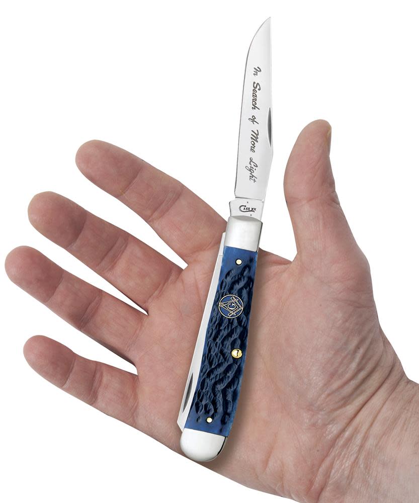Masonic Standard Jig Blue Bone Trapper Knife in Hand