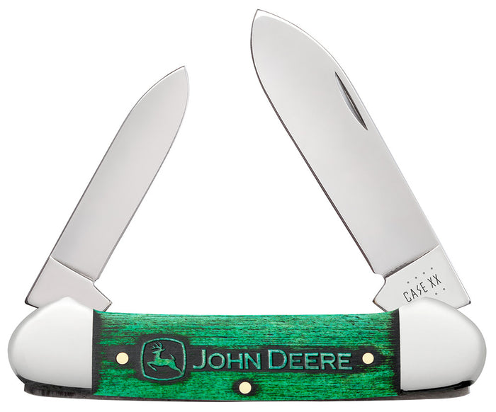 John Deere Embellished Smooth Natural Bone Canoe with Green Color Wash Knife Front View