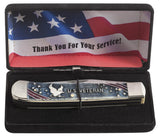 U.S. Veteran Gift Set Embellished Smooth Natural Bone with Blue and Red Color Wash Trapper Knife in Velvet Box